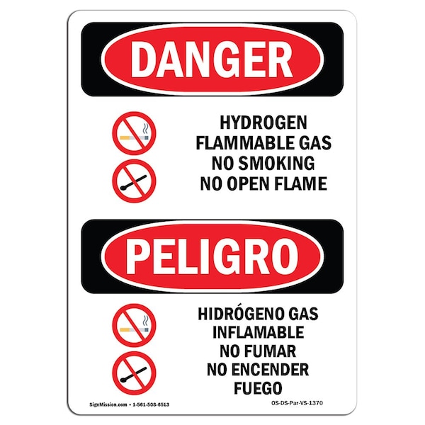 Safety Sign, OSHA Danger, 24" Height, Aluminum, Hydrogen Flammable Gas No Smoking Spanish